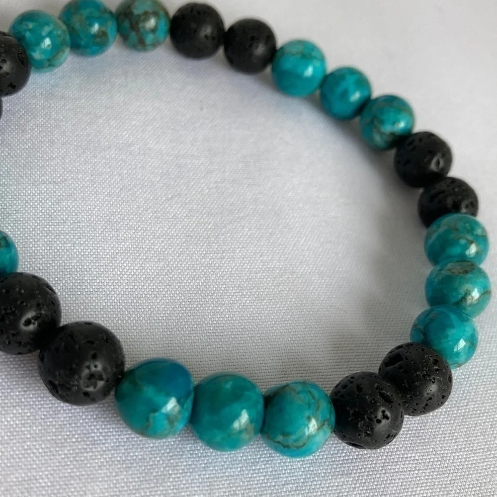 Stretch Beaded Bracelet Cyan Blue Turquoise and Lava Stone Beads - Picture 2 of 10